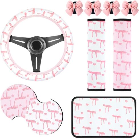 Tallew 10 Pcs Pink Bow Car Accessories Set for Women Cute Coquette Car Accessories Pink Steering Wheel Cover Center Console Armrest Cushion Cup Mats Air Vent Clips Seat Belt Covers Interior Decor in Saudi Arabia