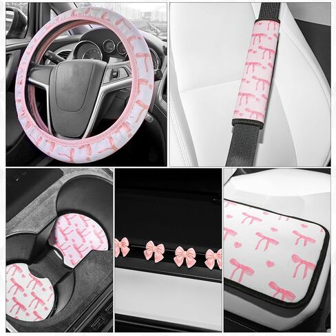 Tallew 10 Pcs Pink Bow Car Accessories Set for Women Cute Coquette Car Accessories Pink Steering Wheel Cover Center Console Armrest Cushion Cup Mats Air Vent Clips Seat Belt Covers Interior Decor in Saudi Arabia