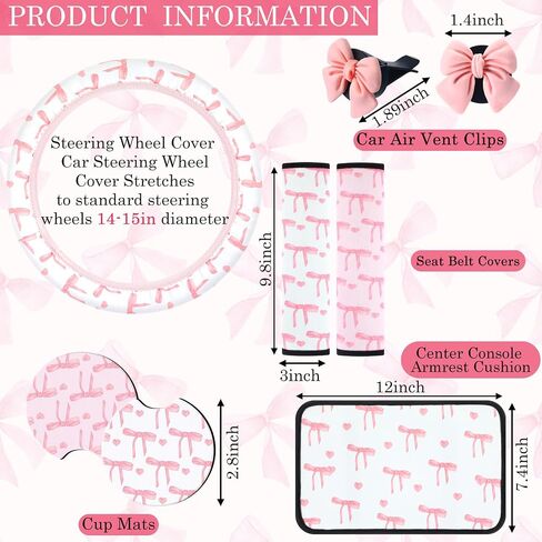 Tallew 10 Pcs Pink Bow Car Accessories Set for Women Cute Coquette Car Accessories Pink Steering Wheel Cover Center Console Armrest Cushion Cup Mats Air Vent Clips Seat Belt Covers Interior Decor in Saudi Arabia