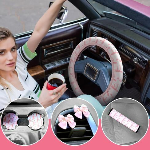 Tallew 10 Pcs Pink Bow Car Accessories Set for Women Cute Coquette Car Accessories Pink Steering Wheel Cover Center Console Armrest Cushion Cup Mats Air Vent Clips Seat Belt Covers Interior Decor in Saudi Arabia