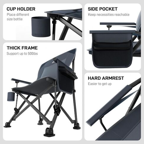 كرسي تخييم كبير الحجم قابل للطي للبالغين مع دعم قطني قابل للتعديل، كرسي عالي التحمل مع جيوب جانبية، كرسي رباعي محمول قابل للطي للخارج، يدعم ما يصل إلى 500 رطل، أزرق in Kuwait