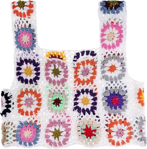 Floral Crochet Tank Tops for Women Summer Boho Square Neck Sleeveless Crochet Crop Top Hollow Out Short Beachwear White in Saudi Arabia