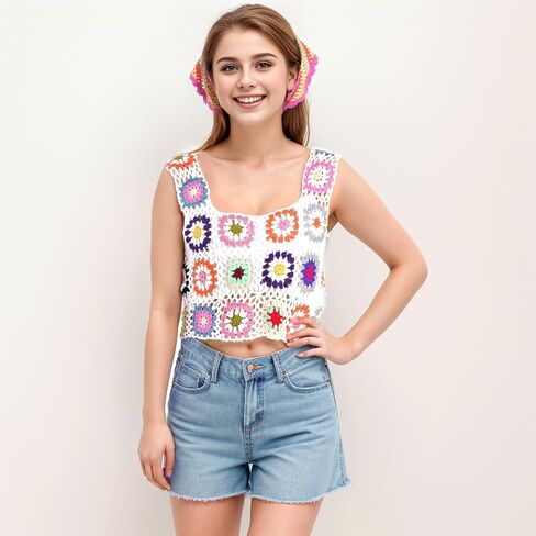 Floral Crochet Tank Tops for Women Summer Boho Square Neck Sleeveless Crochet Crop Top Hollow Out Short Beachwear White in Saudi Arabia