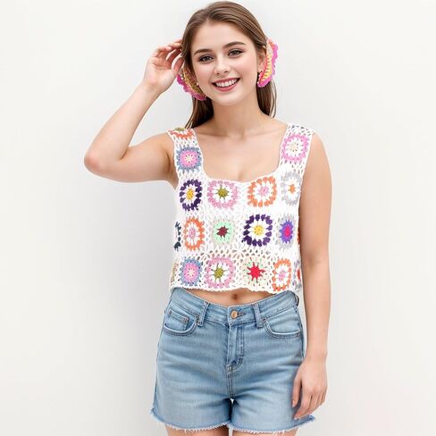 Floral Crochet Tank Tops for Women Summer Boho Square Neck Sleeveless Crochet Crop Top Hollow Out Short Beachwear White in Saudi Arabia