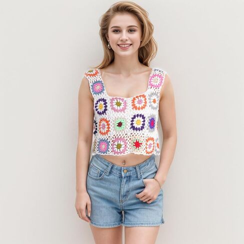 Floral Crochet Tank Tops for Women Summer Boho Square Neck Sleeveless Crochet Crop Top Hollow Out Short Beachwear White in Saudi Arabia