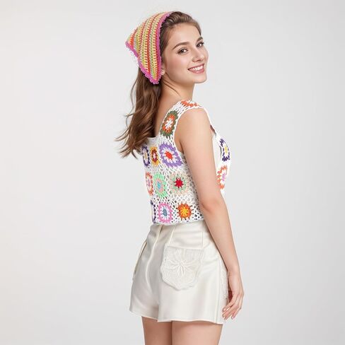 Floral Crochet Tank Tops for Women Summer Boho Square Neck Sleeveless Crochet Crop Top Hollow Out Short Beachwear White in Saudi Arabia