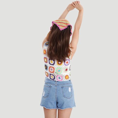 Floral Crochet Tank Tops for Women Summer Boho Square Neck Sleeveless Crochet Crop Top Hollow Out Short Beachwear White in Saudi Arabia