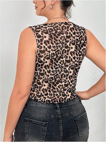 Milumia Women's Plus Size Leopard Print Lace Trim V Neck Y2K Crop Tank Tops in Saudi Arabia