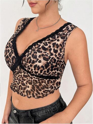 Milumia Women's Plus Size Leopard Print Lace Trim V Neck Y2K Crop Tank Tops in Saudi Arabia
