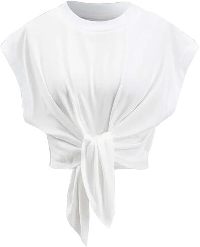 Womens Solid Ruched Tie Front T Shirt Summer Basic Tee Shirts Cap Sleeve Crop Tops Outfits in Saudi Arabia