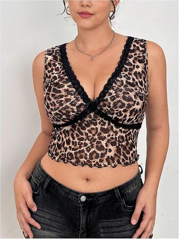 Milumia Women's Plus Size Leopard Print Lace Trim V Neck Y2K Crop Tank Tops in Saudi Arabia