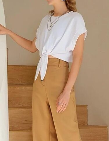 Womens Solid Ruched Tie Front T Shirt Summer Basic Tee Shirts Cap Sleeve Crop Tops Outfits in Saudi Arabia