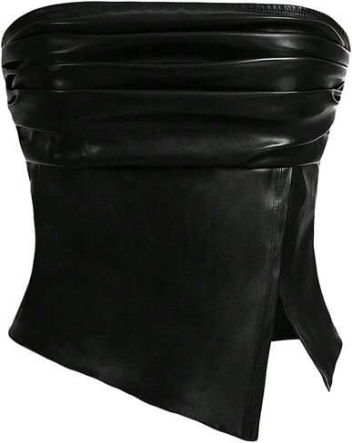 MakeMeChic Women's Leather Tops Strapless Concert Bandeau Crop Tube Tops Ruched Split Club Shirt in Saudi Arabia