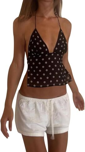 Women Sexy Camisole Top Sleeveless Backless V-Neck Polka Dot Print Tank Top Y2k Coquette Halter Neck Cami Crop Top in Saudi Arabia