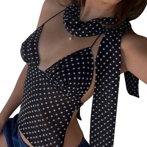 Women Sexy Camisole Top Sleeveless Backless V-Neck Polka Dot Print Tank Top Y2k Coquette Halter Neck Cami Crop Top in Saudi Arabia
