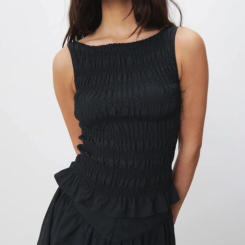 نساء مدخن الدبابة أعلى y2k shirred frill أكمام المحصول أعلى منقوشة الكشكش قميص العطلة in Saudi Arabia