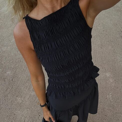 نساء مدخن الدبابة أعلى y2k shirred frill أكمام المحصول أعلى منقوشة الكشكش قميص العطلة in Saudi Arabia