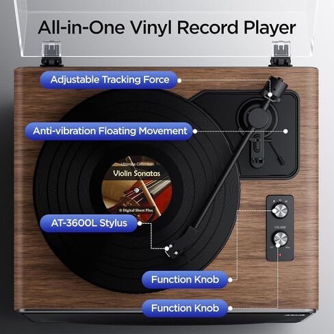 All in One Vinyl Record Player, Bluetooth Turntable with Built in 4 Stereo Speakers Phono Preamp, High Fidelity Turntables for Vinyl Records with Magnetic Cartridge AT-3600L MM, Belt Drive 2-Speed in Saudi Arabia