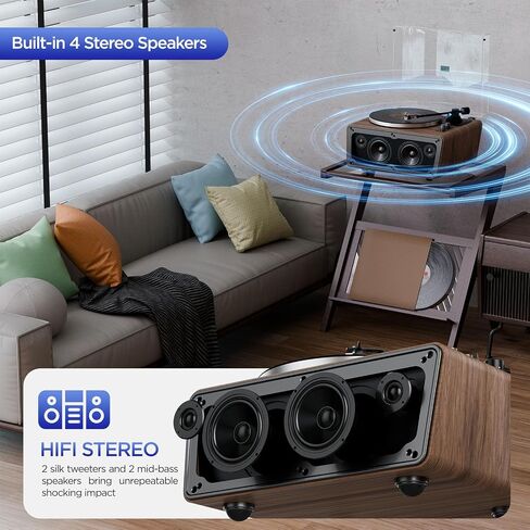 All in One Vinyl Record Player, Bluetooth Turntable with Built in 4 Stereo Speakers Phono Preamp, High Fidelity Turntables for Vinyl Records with Magnetic Cartridge AT-3600L MM, Belt Drive 2-Speed in Saudi Arabia