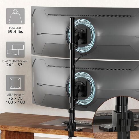 Dual Monitor-Arm Ultrawide Heavy Duty - 27-57 inch Vertical Dual Monitor Mount, Adjustable Stacked Double Monitor Desk Mount Stand, Max Load 59.4 lbs (per Screen), VESA 75 100 mm, Black in Kuwait