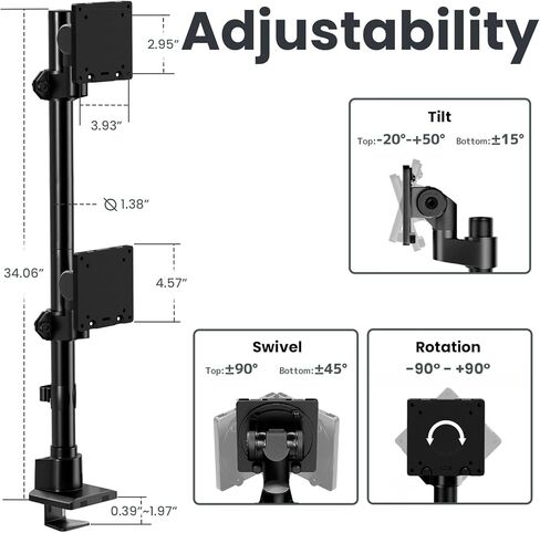 Dual Monitor-Arm Ultrawide Heavy Duty - 27-57 inch Vertical Dual Monitor Mount, Adjustable Stacked Double Monitor Desk Mount Stand, Max Load 59.4 lbs (per Screen), VESA 75 100 mm, Black in Kuwait