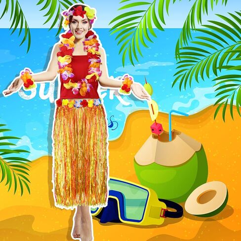 Hercicy 6 Pcs Hawaiian Woman Costume Include Hula Skirt Crop Top Hawaiian Flower Leis Necklace Bracelet for Women in Saudi Arabia