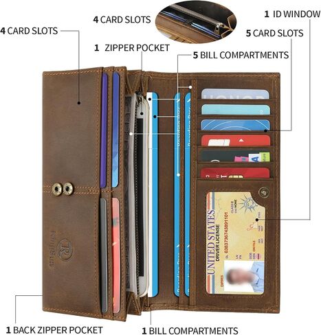 Ringsun Genuine Leather Long Wallet for Woman Men with Zipper RFID Blocking Bifold Wallet with ID Window 9 Card Slots in Saudi Arabia