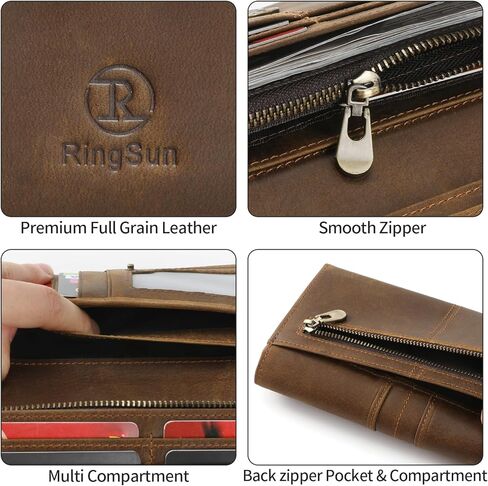 Ringsun Genuine Leather Long Wallet for Woman Men with Zipper RFID Blocking Bifold Wallet with ID Window 9 Card Slots in Saudi Arabia