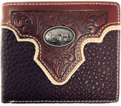 Genuine Leather Floral Tooled Praying Cowboy Concho Mens Short Bifold Wallet in 2 colors (Coffee) in Saudi Arabia
