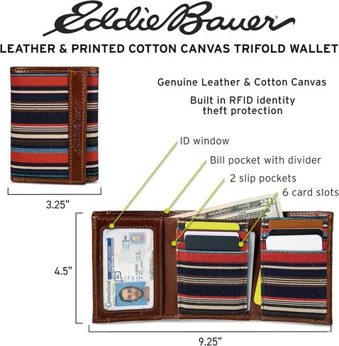 Eddie Bauer Men Pioneer Leather و Canvas Canvas Trifold Wallet (رسومات متنوعة) in Saudi Arabia