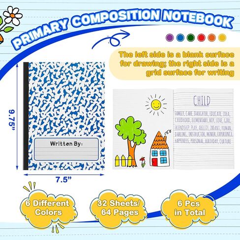 Henoyso 6 PCS PROMS PROMAL COPPOCITY COPPOONTION K-2 64 PAGES PRIMAL SCOPED BOOKS for 1st 2nd Dreves Kids Writing Drawing Practice Notebooks for Previcoool Ristoren School (Black) in Kuwait