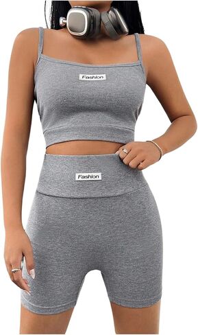 OYOANGLE Women's Workout Sets 2 Piece Ribbed Knit Cami Crop Top and Biker Shorts Gym Tracksuits in Saudi Arabia