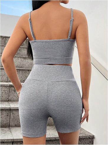 OYOANGLE Women's Workout Sets 2 Piece Ribbed Knit Cami Crop Top and Biker Shorts Gym Tracksuits in Saudi Arabia
