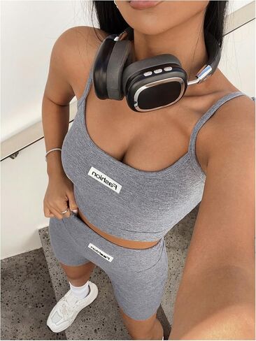 OYOANGLE Women's Workout Sets 2 Piece Ribbed Knit Cami Crop Top and Biker Shorts Gym Tracksuits in Saudi Arabia