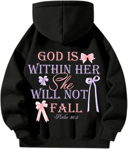 God is Within Her She Will Not Fall Hoodies for Women Casual Y2K Hooded Baggy Sweatshirts Pink Bow Graphic Preppy Hoodie in Saudi Arabia