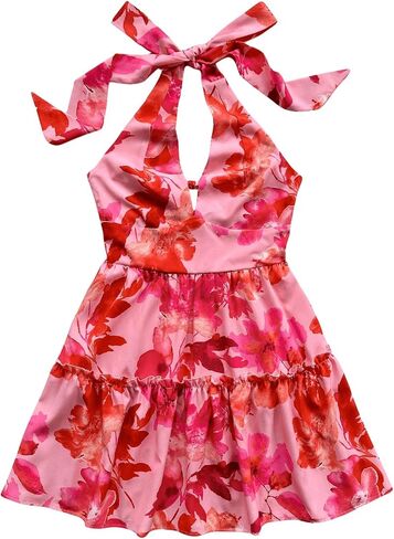 Floerns Women's Floral Print Sleeveless Halter Neck Layered Hem A Line Mini Dress in Saudi Arabia