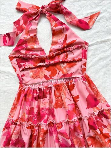 Floerns Women's Floral Print Sleeveless Halter Neck Layered Hem A Line Mini Dress in Saudi Arabia