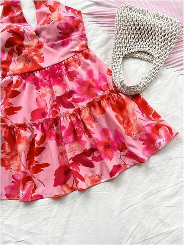 Floerns Women's Floral Print Sleeveless Halter Neck Layered Hem A Line Mini Dress in Saudi Arabia