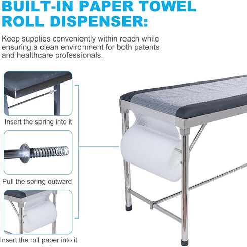 Advanced Examination Bed with Lower Storage Compartment and Paper roll Dispenser - Inspection Table/Adjustable backrest/Stirrups/Black/Stainless Steel. in Saudi Arabia