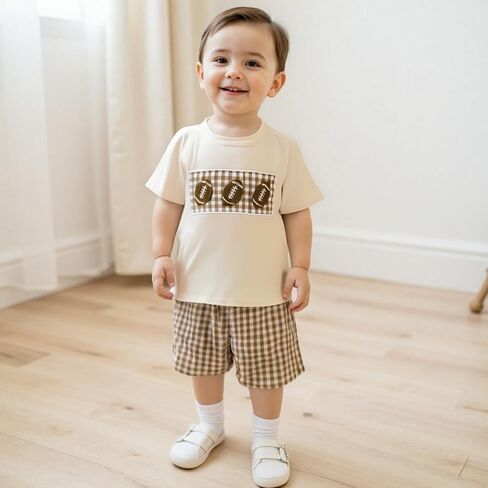 Toddler Boy Summer Outfits Short Sleeve Watermelon Embroidery T-shirt Plaid Print Pull On Shorts Sets in Kuwait