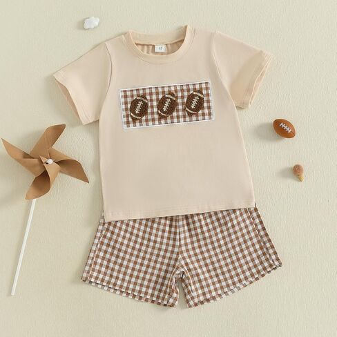 Toddler Boy Summer Outfits Short Sleeve Watermelon Embroidery T-shirt Plaid Print Pull On Shorts Sets in Kuwait