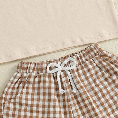 Toddler Boy Summer Outfits Short Sleeve Watermelon Embroidery T-shirt Plaid Print Pull On Shorts Sets in Kuwait