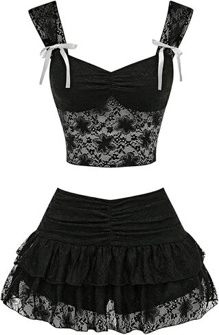 Wdirara Women's 2 قطعة الزي القوس الدانتيل الأمامي كامي أعلى و Low Rise Rise Shuffle Mini Mini Skirt in Saudi Arabia