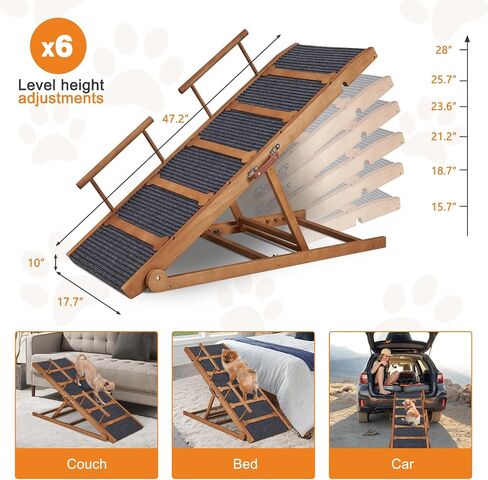 Wooden Dog Ramp for High Bed, 47.2" Long Non-Slip Dog Ramp for Couch, 6 Adjustable Heights from 15.7" to 28" with Side Rails Anti-Slip Traction Mat for Small Medium Large Dogs(Up to 160 Lbs) in Saudi Arabia