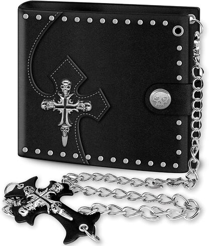 Cross Chain Wallet Leather - Punk Skull Gothic Bifold Halloween Goth Accessories - Jesus Gifts | Unisex in Kuwait