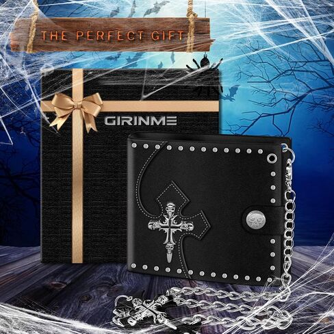 Cross Chain Wallet Leather - Punk Skull Gothic Bifold Halloween Goth Accessories - Jesus Gifts | Unisex in Kuwait