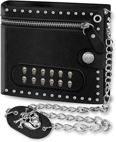 Cross Chain Wallet Leather - Punk Skull Gothic Bifold Halloween Goth Accessories - Jesus Gifts | Unisex in Kuwait