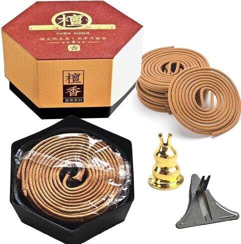 Sandalwood Coils Incense (40 PCS) with Spiral Holder Burner, Natural Chinese Coils Spiral Design for Long-Lasting Premium Scent Aroma Fragrance Gifts in Kuwait
