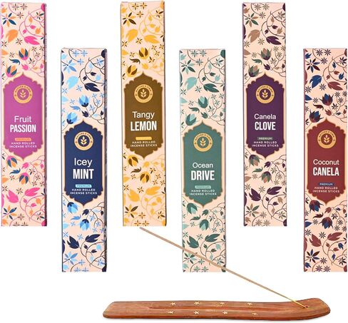Incense Sticks Gift Pack – 6 Fragrances x 20 Sticks Each, Hand Rolled Insents with Incense Holder – Coconut Canela Fruit Passion ICY Mint Ocean Drive Canela Clove Tangy Lemon in Saudi Arabia