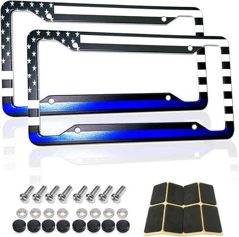 Thin Blue Line License Plate Frames - Aluminum American Flag Police Support with UV Printing, Rustproof Hardware & Black Caps -Back The Blue Design in Saudi Arabia